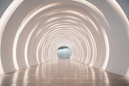 White tunnel with light in the middle of the corridor. Abstract backgroundの素材