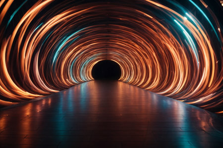 Abstract image of a tunnel with colorful lights. Long exposure shot.の素材