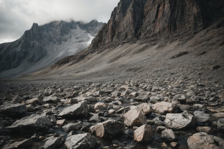 Mountain landscape with rocks in the foreground and snow capped mountains in the backgroundの素材