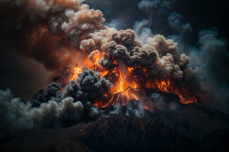 Volcanic eruption with smoke and ash on a dark background.の素材