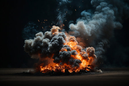 Flames and smoke from a burning bonfire on a black backgroundの素材