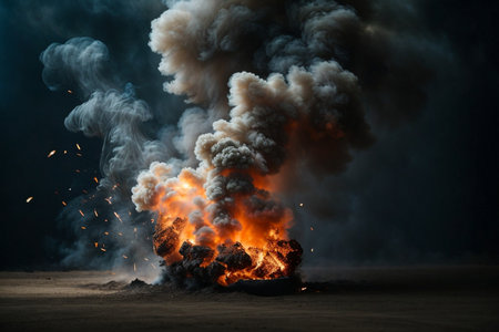 Big explosion with black smoke and fire on a dark background. Selective focusの素材