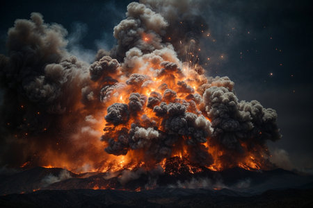 Big explosion in the night sky with smoke and fire. Fire in the dark.の素材