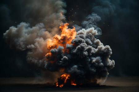 Explosion of black smoke on a dark background. Close-upの素材