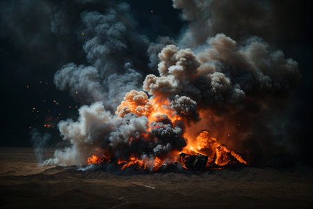 Flames of a volcano on the background of smoke and fire.の素材