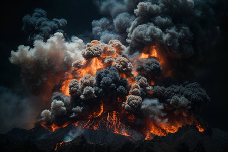 Big eruption of volcano at night with ash and smoke in the skyの素材