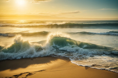 Beautiful sunset on the beach with waves crashing on the sand.の素材
