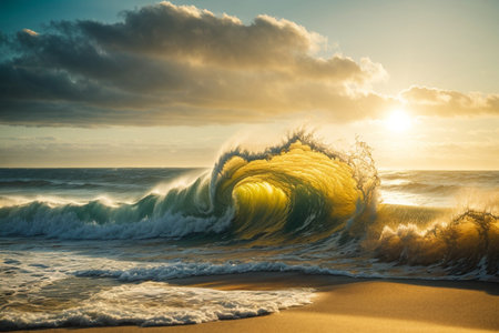 Ocean wave breaking on the beach at sunset. Beautiful natural background.の素材