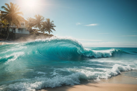 Beautiful ocean wave on a tropical beach with palm trees and blue skyの素材