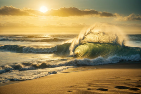 Beautiful view of ocean wave breaking on sandy beach at sunset.の素材