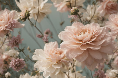 Pink and white flowers background, soft focus, vintage tone style.の素材
