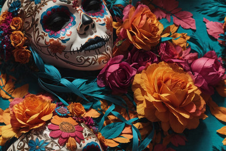 Day of the Dead sugar skull mask and colorful flowers on blue backgroundの素材