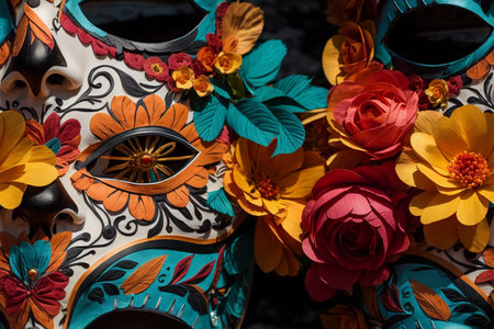 Colorful traditional mexican carnival mask with floral ornament in Mexicoの素材