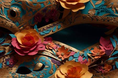 Carnival mask with flowers on blue background. Copy space.の素材