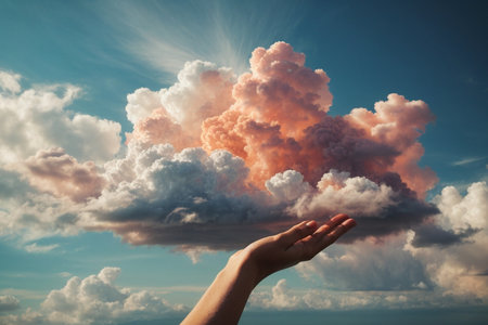 Human hand holding a big cloud on the blue sky background with sun raysの素材