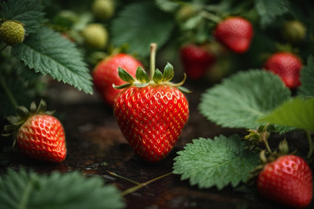 Fresh strawberries with leaves on rustic wooden background, selective focus.の素材