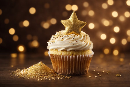 Cupcake with golden star and glitter on bokeh backgroundの素材