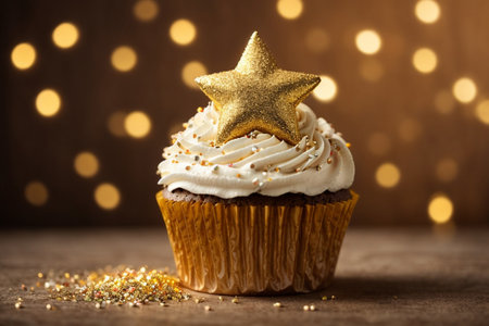Cupcake with golden star on bokeh lights background.の素材