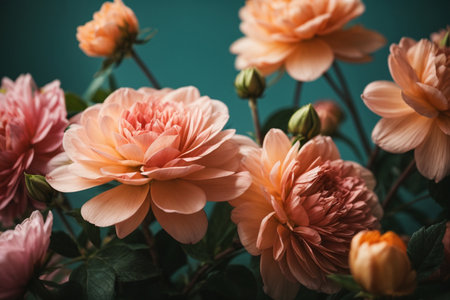 Beautiful pink dahlia flowers bouquet on green background.の素材