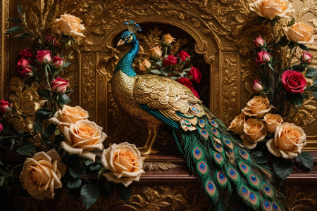Beautiful peacock and roses on the fireplace. Luxury interiorの素材