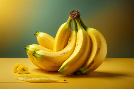 Bunch of bananas on yellow and green background with copy space.の素材
