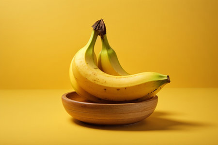 Bunch of bananas in a wooden bowl on yellow background, studio shotの素材