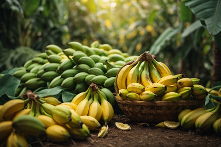 Bunch of bananas in a basket on the ground in the gardenの素材