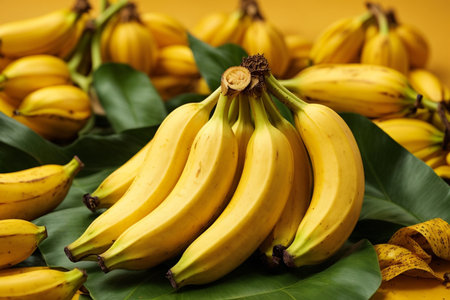 Bunch of ripe bananas on a yellow background. Close-up.の素材