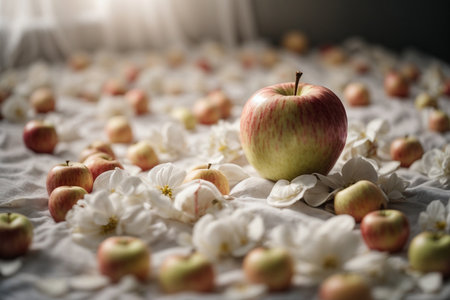Red apples and apple blossom on white fabric. Selective focus.の素材