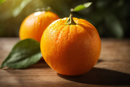 Ripe tangerines with leaves on wooden table, closeupの素材