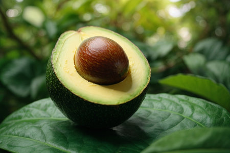 Avocado fruit with leaves on green background. Close-up.の素材