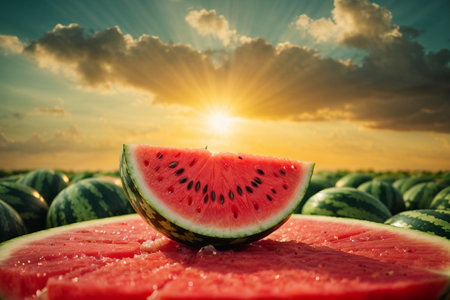 Watermelon on the field with sky background. Selective focus. nature.の素材
