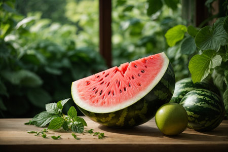 Watermelon with mint and lime on a wooden table in the gardenの素材