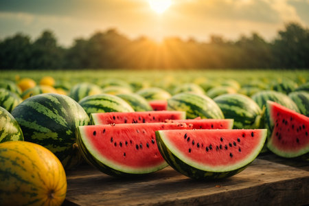 Ripe watermelons on a wooden table on a field.の素材