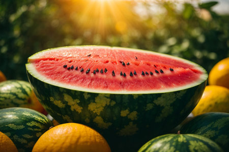 Watermelon on the background of fruits in the garden. Selective focus. nature.の素材