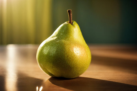 Green pear on a wooden table. Close-up, selective focus.の素材