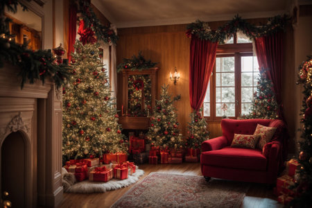 Beautiful living room decorated for Christmas with a Christmas tree and presentsの素材