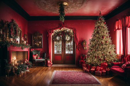 Christmas tree in the living room with a fireplace and a red sofaの素材