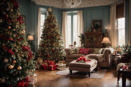 Luxury living room decorated for Christmas and New Year with a Christmas tree and presentsの素材