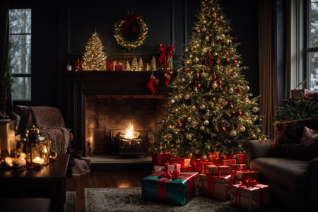 Christmas tree with presents and fireplace in the dark living room at nightの素材