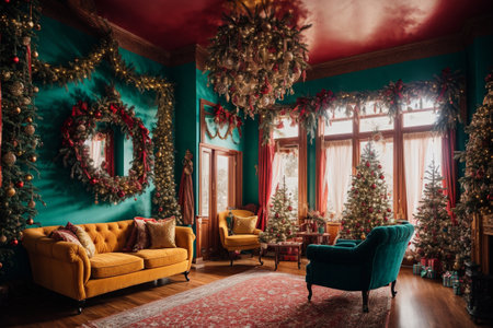 Christmas living room with Christmas tree, fireplace, sofa and armchairの素材