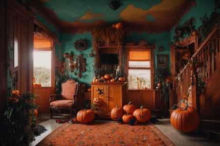 Halloween decorations in the interior of the house. Pumpkins on the background of the house.の素材