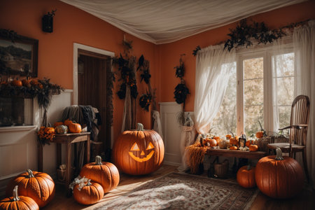 Halloween decoration with pumpkins and candles in living room at homeの素材