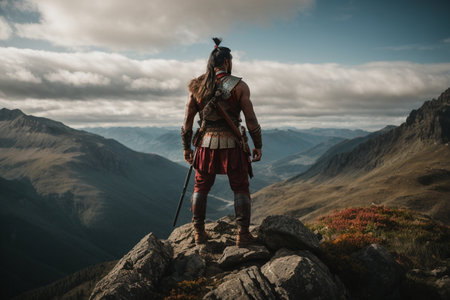 Ancient warrior standing on top of the mountain and looking into the distanceの素材