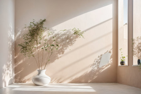 Interior of a room with white vase and plant on the wallの素材