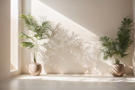 interior design with plants in vases and shadows on white wallの素材