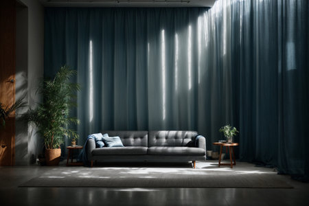 Interior of living room with blue curtain and sofa 3d renderの素材