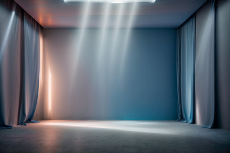 Empty room with blue curtains and spotlights. 3D Renderingの素材