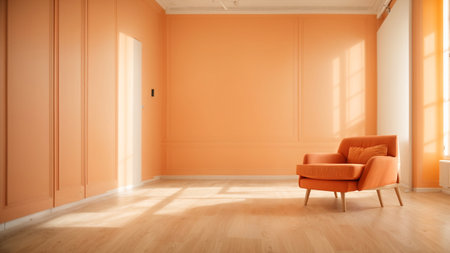 Orange living room interior with orange armchair and window with sunlight. 3D Renderingの素材