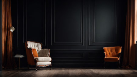 Classic interior with armchairs, curtains and floor lamp. Mock up, 3D Renderingの素材
